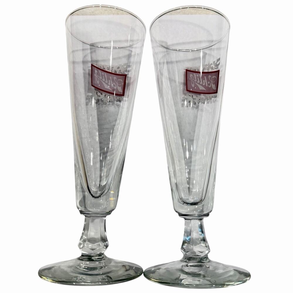 Schlitz Pilsner Beer Glasses 9oz Footed Stem Pair 8.5" Vintage 1960s Barware - Picture 2 of 6